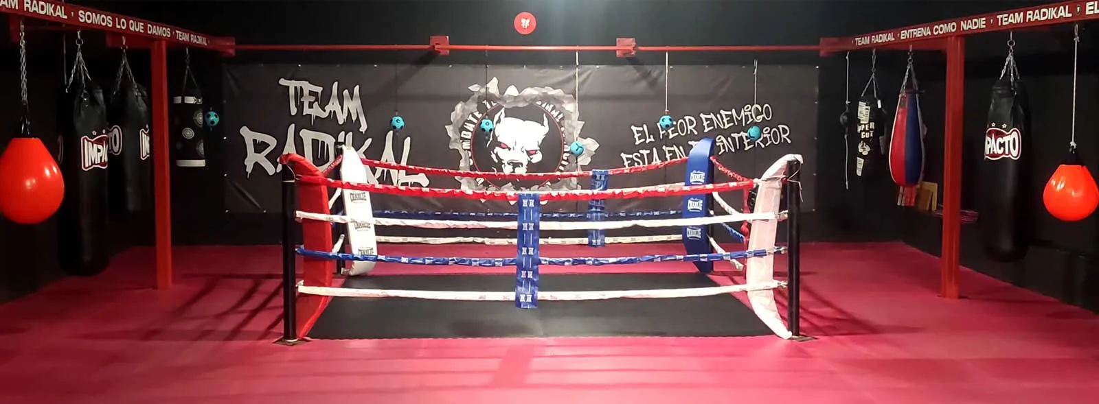 El ring y la zona de sacos del gimnasio Team Radikal